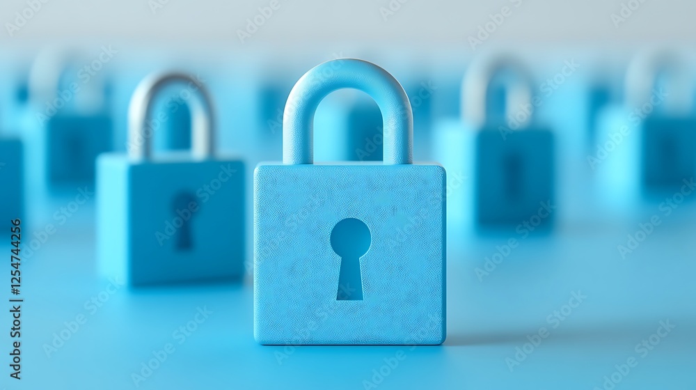Fototapeta premium Blue padlocks arranged in a row on a serene background representing security and protection of information
