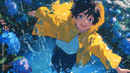 A cute anime boy with black hair, wearing a yellow raincoat and blue jeans, is splashing in a puddle of water under a Japanese-style setting, Generative AI