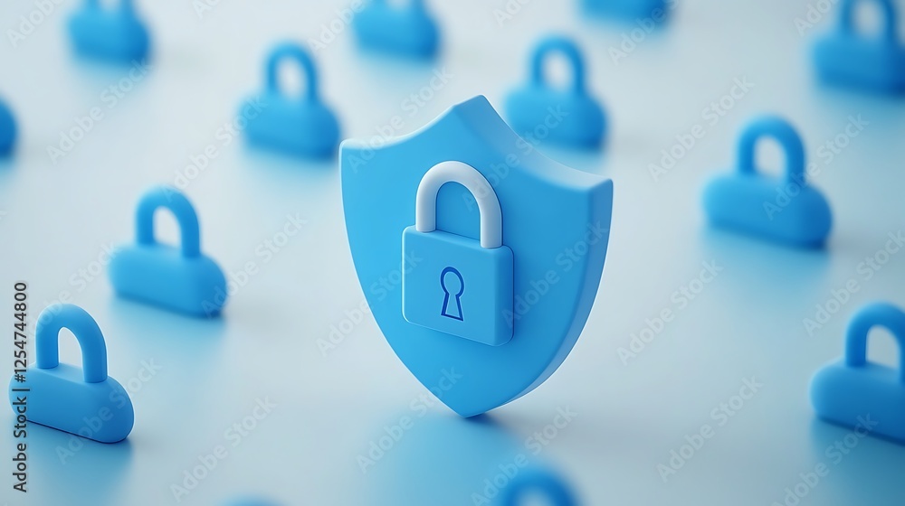 Blue Shield with Lock Surrounded by Smaller Padlocks Representing Security and Protection Concepts in Digital Age Blue Shield with Lock Surrounded by Smaller Padlocks Representing Security and Protection Concepts in Digital Age