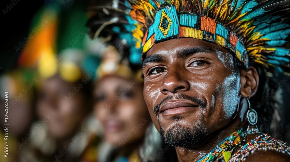 Amazonian Indigenous Community Gathering in Traditional Attire Amazonian Indigenous Community Gathering in Traditional Attire