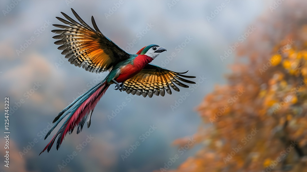 Obraz premium Colorful Pheasant In Flight Against Autumn Foliage