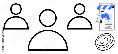 Three outlined human figures, a smartphone with an e-commerce store, and a coin. Ideal for social connections, online shopping, digital marketing, e-commerce, financial transactions, community