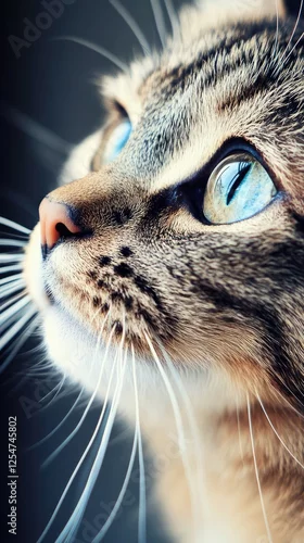Fototapeta na wymiar Close-Up of a Cat Gazing Upward with a Blurred Background for Pet Care and Decor