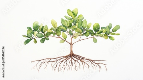 A detailed illustration of a healthy mangrove tree showcasing its vibrant leaves and roots