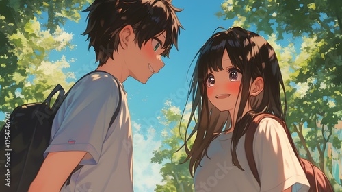 A cute anime-style couple in high school, Generative AI