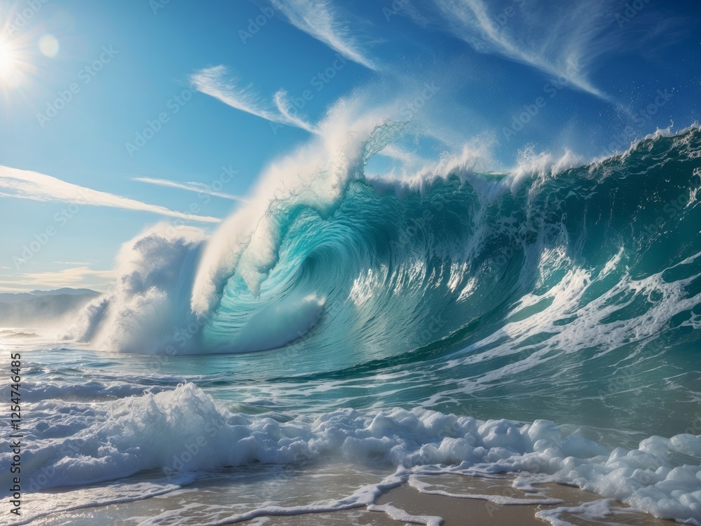 there is a wave that is breaking in the ocean with a blue sky. there is a wave that is breaking in the ocean with a blue sky.