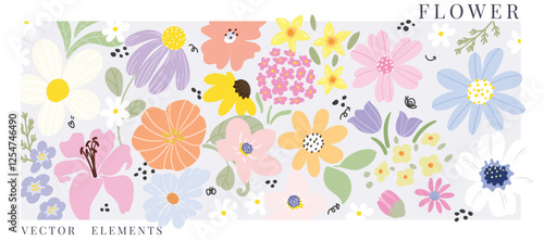 set of small flower spring and summer. Botanical illustration minimal style.