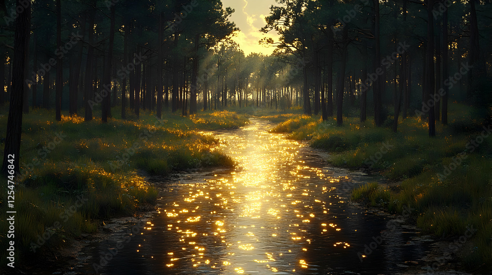 Obraz premium Golden Sunlight Streams Through Forest Pathway