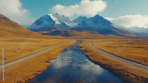 Wallpaper Mural Majestic mountains with snow caps reflect in a serene river surrounded by golden grasslands Torontodigital.ca