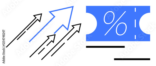 Arrows pointing upwards toward a blue ticket with percentage symbol, indicating growth, progress, success, sales, discounts, and rising metrics. Ideal for business growth, financial success