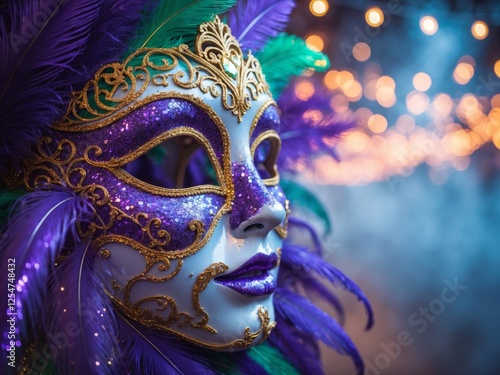 a close up of a carnival mask with lights in the background. photo