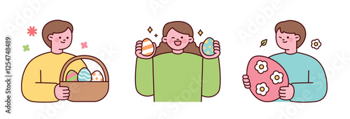 A cute Easter illustration featuring three characters holding decorated eggs and a basket. Soft pastel colors and a minimalist flat design style. 
