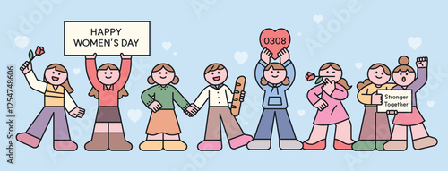 A cheerful Women's Day illustration featuring diverse women celebrating, holding hands, and showing unity. Includes empowering messages like “Stronger Together” and “Happy Women’s Day.” 