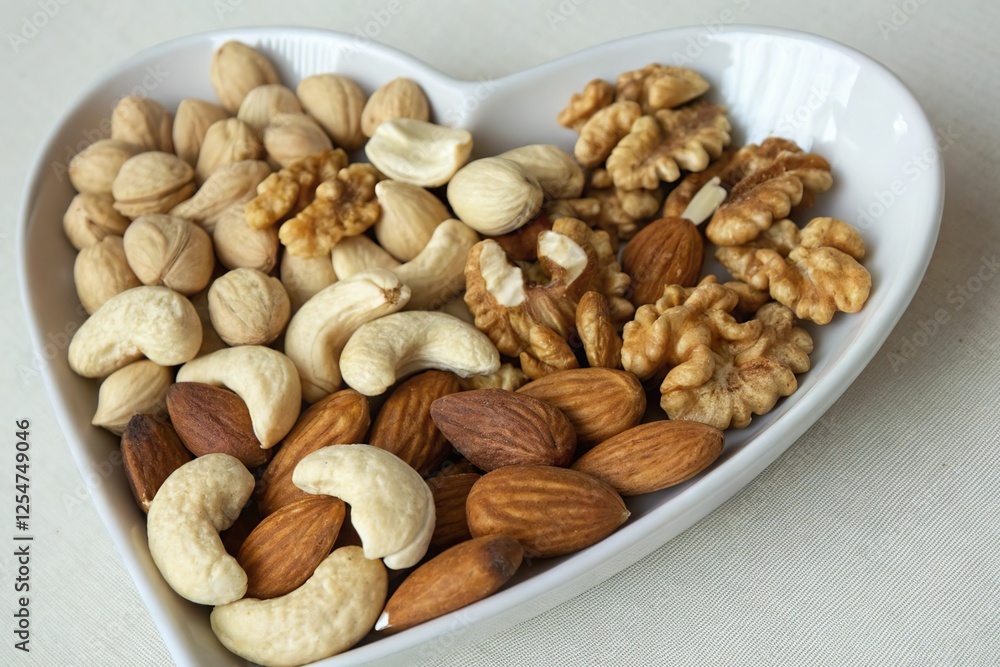 Mixed nuts in heart shape plate. Healthy snack and nutrition Mixed nuts in heart shape plate. Healthy snack and nutrition