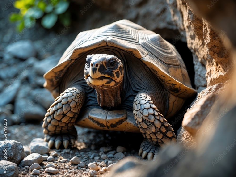 Naklejka premium Tortoise peeking out from rocky burrow with curious expression and textured shell
