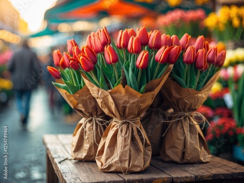 Bunches of fresh red tulips in brown paper wrap at a flower market with soft focus background and Copy Space. photo