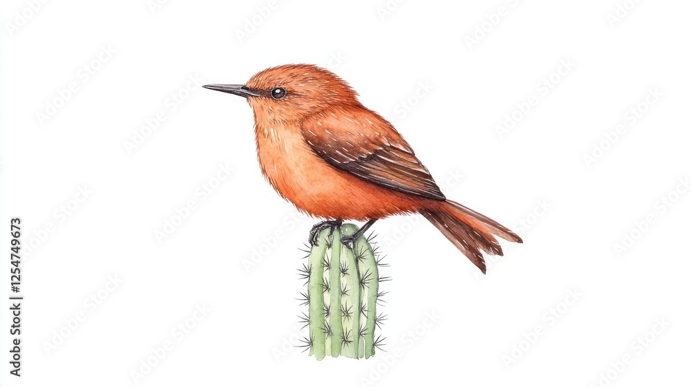 Fototapeta premium Vibrant orange bird perched on a green cactus against a white background, showcasing nature