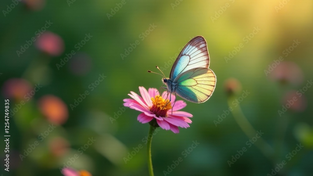 A delicate iridescent butterfly rests gently on a vibrant pink flower, bathed in the soft glow of the morning sun, amidst a field of blurred wildflowers.