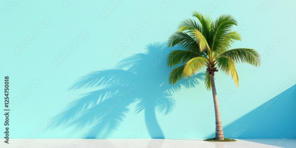 Obraz premium Serene Palm Tree Silhouette Casts a Shadow Against a Light Blue Wall