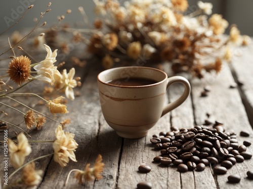 Ceramic cup on wooden table with dried flowers and coffee beans illuminated by soft natural light Copy Space photo