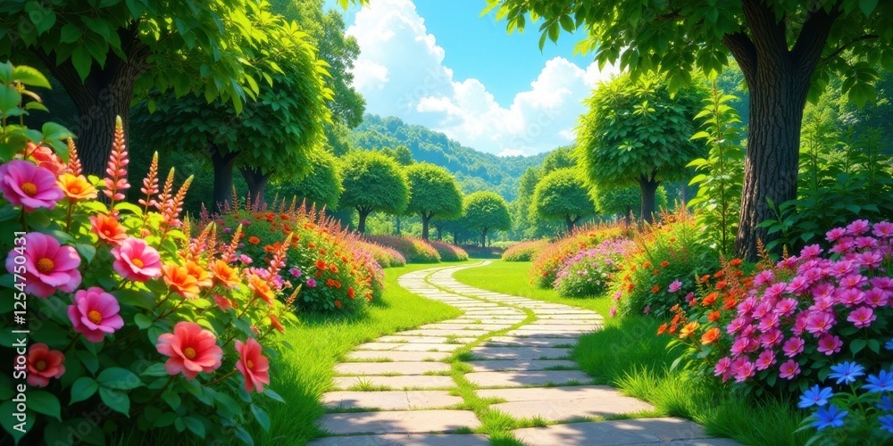 Obraz premium Serene Pathway Winding Through a Vibrant Spring Garden Landscape with Lush Greenery and Colorful Blossoms
