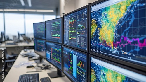 AI-generated climate models present detailed data visualizations and graphs across various screens in a cutting-edge research lab, highlighting the fusion of technology and environmental science.