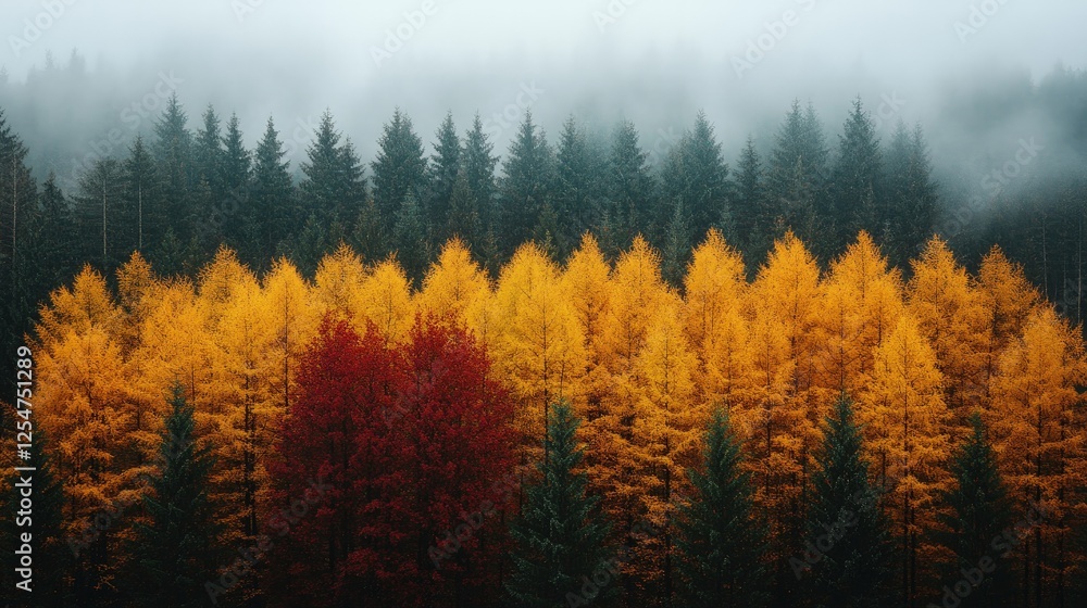 Obraz premium Vibrant autumn forest with golden and red trees under a misty sky, evoking tranquility