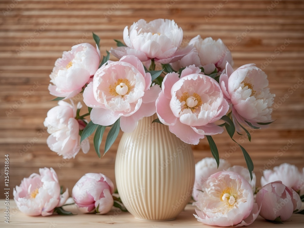 Charming and elegant scene with pink peonies in ribbed vase on wooden backdrop.