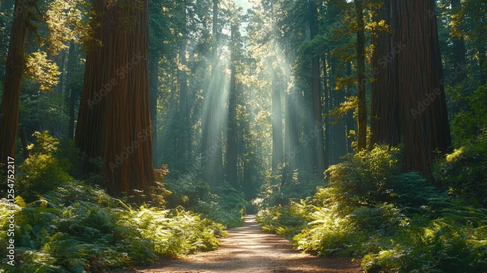 Fototapeta premium Serene forest path illuminated by sunlight filtering through towering trees and lush greenery