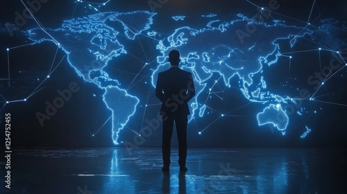 A man stands in front of a large blue screen that shows a map of the world