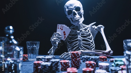 A skeleton sitting at a poker table, holding cards and surrounded by piles of chips and empty glasses, with dramatic studio lighting highlighting its expressionless gaze photo