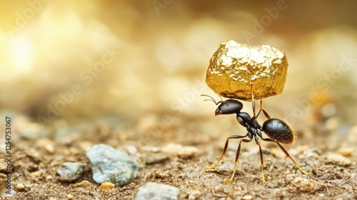 Ant carrying a golden nugget on a sandy surface