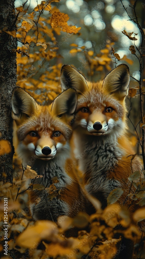 Fototapeta premium Two foxes standing amidst autumn foliage in a serene forest setting, showcasing nature's beauty
