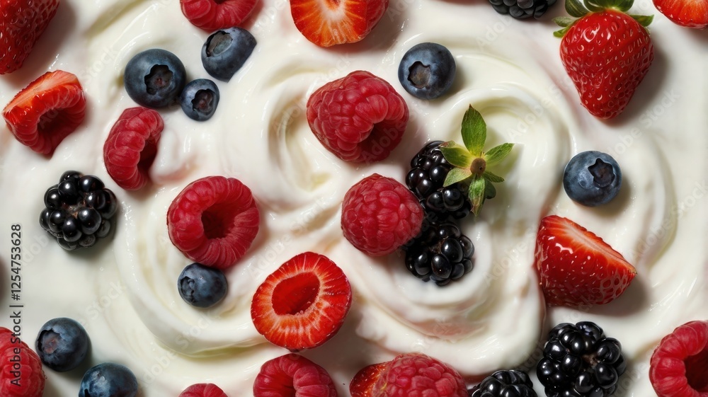 Creamy Yogurt Swirl with Fresh Berries on Minimalistic Background Creamy Yogurt Swirl with Fresh Berries on Minimalistic Background