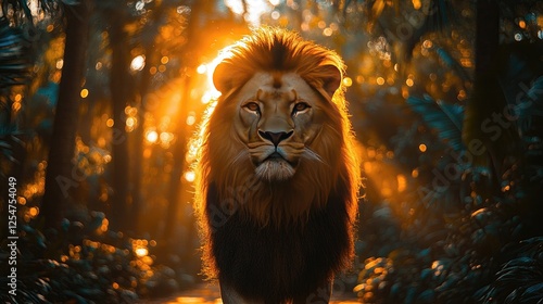 Majestic lion walking through a sunlit jungle, surrounded by lush greenery and vibrant light