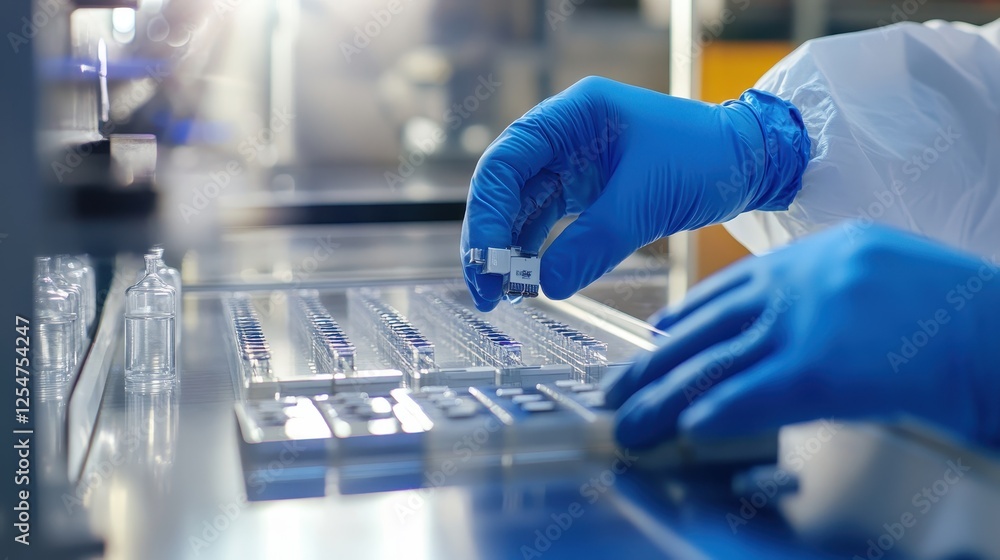A person is wearing blue gloves and is holding a small white object A person is wearing blue gloves and is holding a small white object