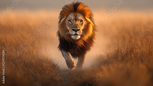 Majestic lion running through golden grasslands at sunset, showcasing its power and grace
