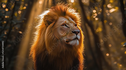 Majestic lion gazing into the distance amidst a sunlit forest, showcasing nature's beauty