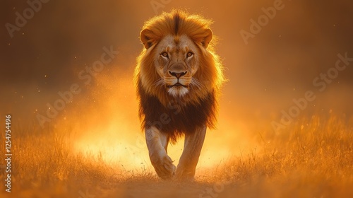 Majestic lion walking through golden grasslands at sunset, with a warm glow illuminating the scene