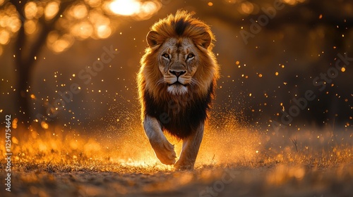 Majestic lion running through golden grass at sunset, capturing the essence of wildlife