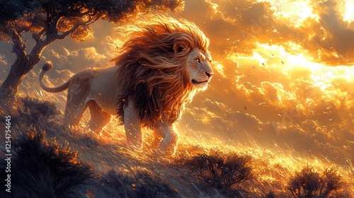 Majestic lion walking through a golden grassland at sunset with dramatic clouds in the background