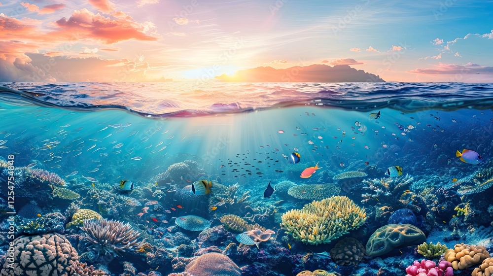 Naklejka premium Long banner with underwater world and vivid sunset sky. Transparent deep water of the ocean or sea with rocks, fish and plants. AI Generated.
