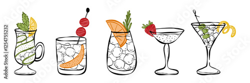 Cocktails and drinks vector icons. Drink cocktail alcohol and cocktail with straw and fruit illustration