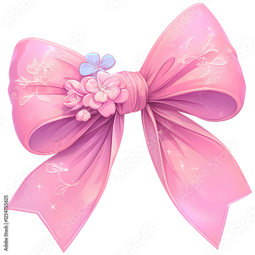 A delicate pink bow adorned with charming flowers. Perfect for adding a touch of elegance to any design.