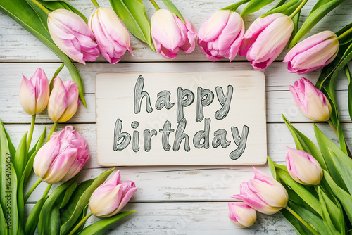 sign with pink flowers and the words Happy Birthday written on it. The sign is surrounded by pink flowers, creating a festive and celebratory atmosphere photo