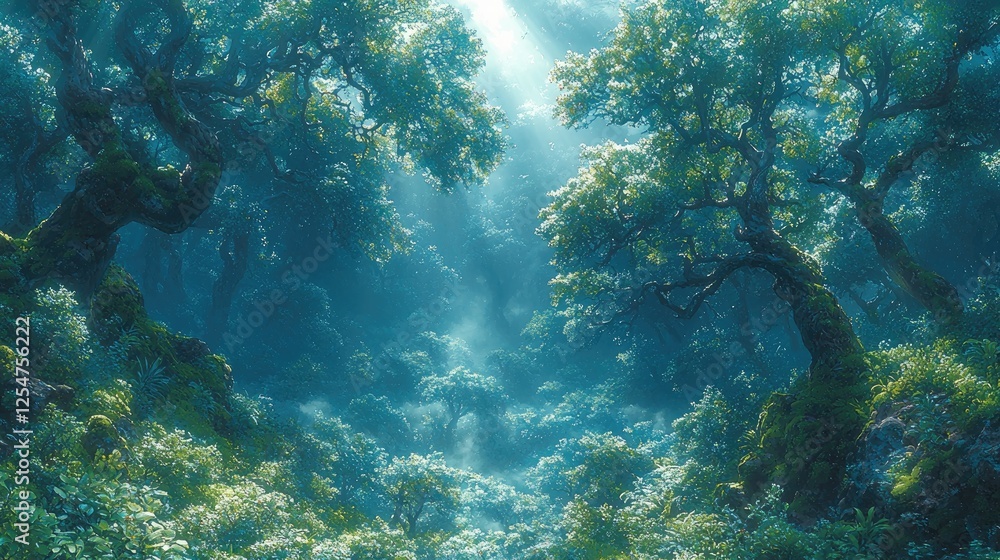 Fototapeta premium Enchanted forest with sunlight filtering through trees, lush vegetation, and ethereal atmosphere