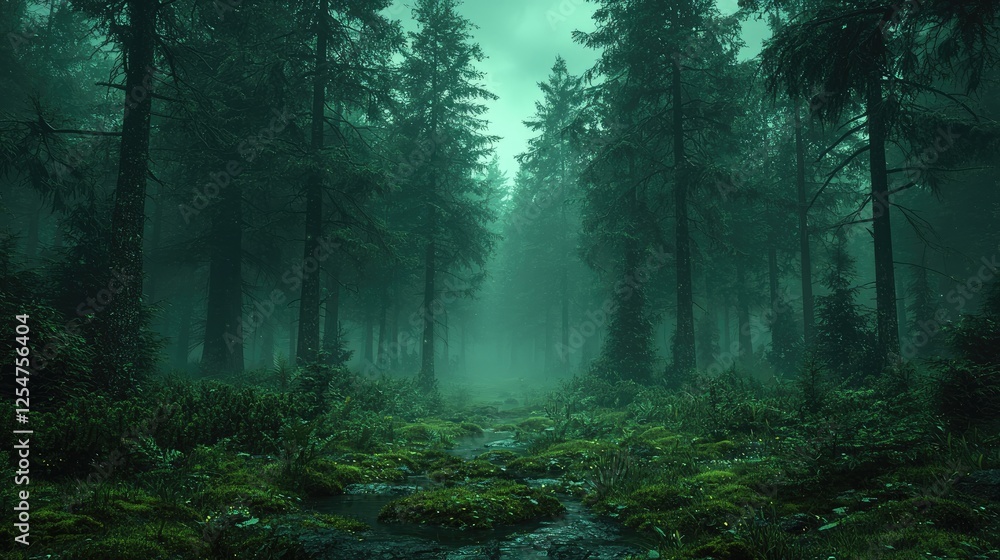 Fototapeta premium Serene misty forest landscape with lush greenery and a tranquil stream flowing through