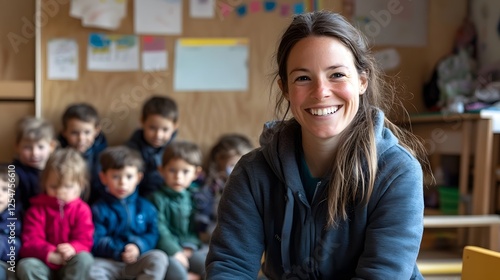 Smiling Teacher with Preschool Children