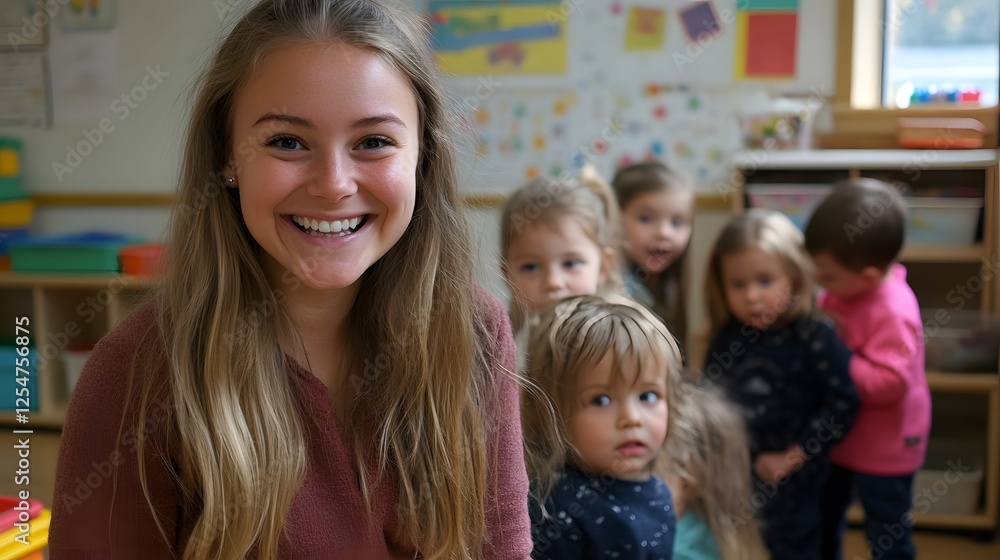 Fototapeta premium Smiling Teacher with Preschool Children