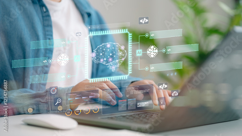 AI Artificial Intelligence technology for data analysis, research, planning, and work generate. Man uses a laptop and AI assistant dashboard. Technology smart robot AI agents and agentic workflows.